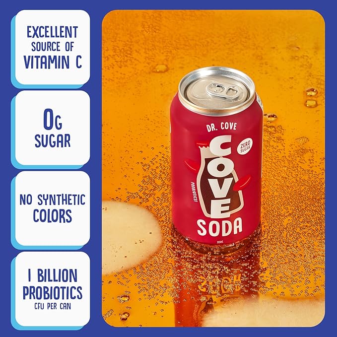 Cove Probiotic Soda Zero Sugar Better-For-You Alternative - Refreshing Delicious Probiotic Drink No Synthetic Colors &amp Caffeine Free - Dr. Cove 12 Pack