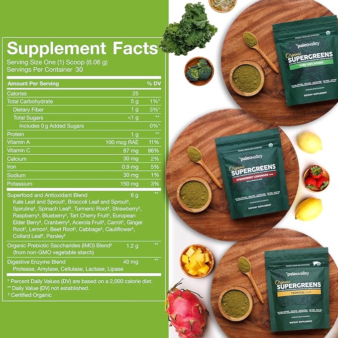 Paleovalley Organic Supergreens Powder - 23 Superfoods with Prebiotic Fiber for Energy and Immunity Support - No Cereal Grasses for Maximum Absorption - Tropical 30 Servings