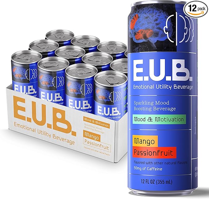 E.U.B. Mango Passionfruit Sparkling Functional Beverage 12oz Can 50mg Caffeine 25 Calories with Nootropics &amp Adaptogens for Mood &amp Energy Support