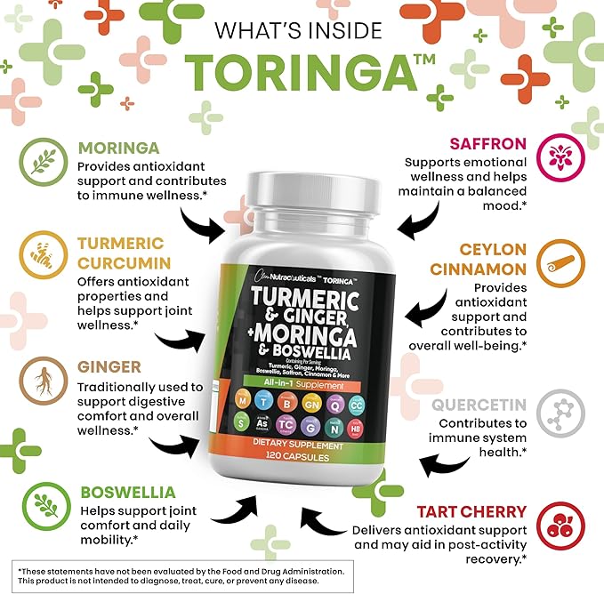 Turmeric Moringa Supplement | Ginger Boswellia Saffron - Supplement for Women and Men with Ceylon Cinnamon Tart Cherry Quercetin Garlic Nettle Holy Basil - 3Pack