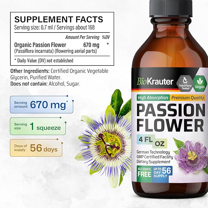 BIO KRAUTER® Passion Flower for Stress Relief - Calm &amp Mood Support - Pure Vegan Liquid Drops Passion Flower Extract 670 mg/Serving 4 Fl.Oz 56-Day Supply - Alcohol &amp Sugar Free - Natural Calm