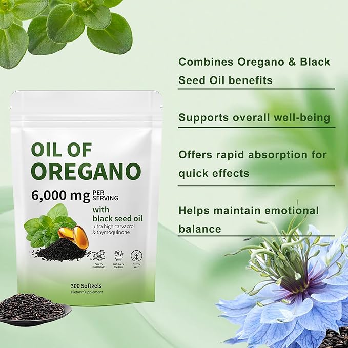 Oil of Oregano with Black Seed Oil - Oil of Oregano Capsules Aceite de Orégano Capsulas Immune Support Non-GMO Gluten Free 6000MG 300 Softgels