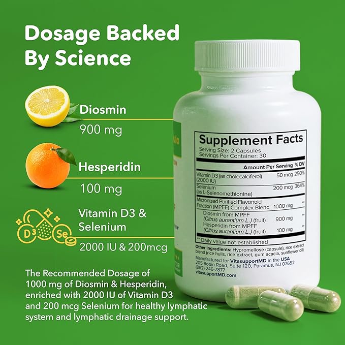 Lymphatic Formula Diosmin Hesperidin 1000mg Lymphatic Drainage Supplement Lymph System Support &amp Detox Micronized MPFF Complex Blend with Vitamin D3 &amp Selenium for Immune Health 60 Capsule
