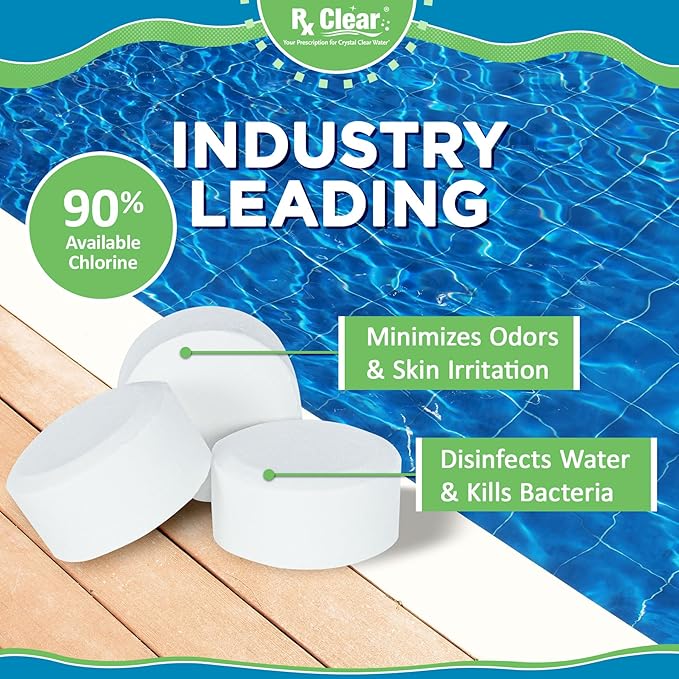 Rx Clear 1 Inch Chlorine Tabs | 5 Pounds | Use Tablets as Bactericide Algaecide &amp Disinfectant in Swimming Pools | Stabilized Long Lasting Slow Dissolving &amp UV Protected