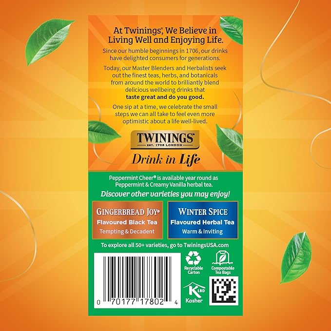 Twinings Peppermint Cheer Herbal Tea Individually Wrapped Bags 20 Count (Pack of 6) Peppermint &amp Creamy Vanilla Naturally Caffeine-Free Enjoy Hot or Iced 120 Teabags