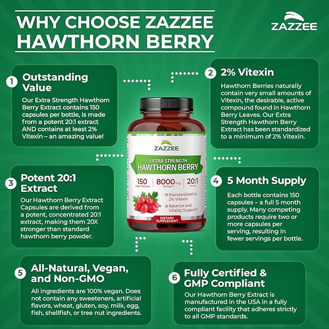 Zazzee Extra Strength Hawthorn Berry 20:1 Extract 2% Vitexin 150 Vegan Capsules 5 Month Supply Crataegus Pinnatifida Antioxidant &amp Circulation Support 10X Concentrated Non-GMO Made in the
