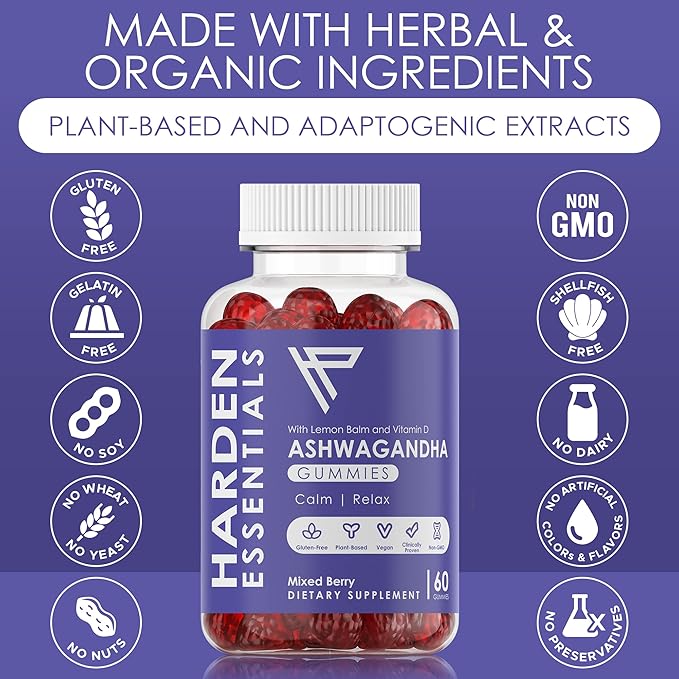 KSM-66 Ashwagandha Gummies 750mg Per Gummy – 1500mg Per Serving – Stress &amp Cortisol Support – with Lemon Balm &amp Vitamin D – 60 Count (30 Day Supply) – Vegan – Harden Essentials