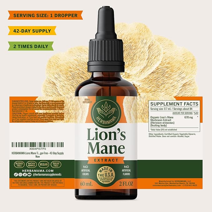 HERBAMAMA Lions Mane Tincture - Vegan Focus &amp Nerve Support with Lion's Mane Mushroom Extract - Hericium Erinaceus Brain Support Supplement - Non-GMO Alcohol &amp Sugar-Free - 42-Day Supply