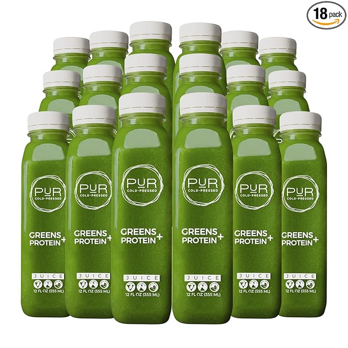 PUR Cold-Pressed Juice – Green Juice Daily Protein 18 Pack – Plant-Based Drink with Cucumber Spinach Celery Apple Lemon &amp Pea Protein – Energizing &amp Satiating