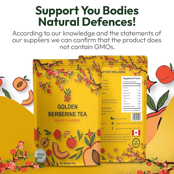 Berberine Tea 45g Natural Organic Caffeine-Free Blend Non-GMO Herbal in Plastic-Free Stand Alone Pouch Delicious Antioxidant for Immune Support (Peach)