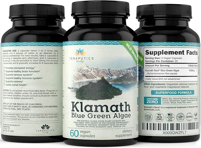 Premium Klamath Lake Blue Green Algae - More Powerful Than Spirulina And Chlorella Supplements | Pure Chlorophyll Rich SuperFood Sourced from Organic Klamath Lake 500mg 60 Vegan Capsules