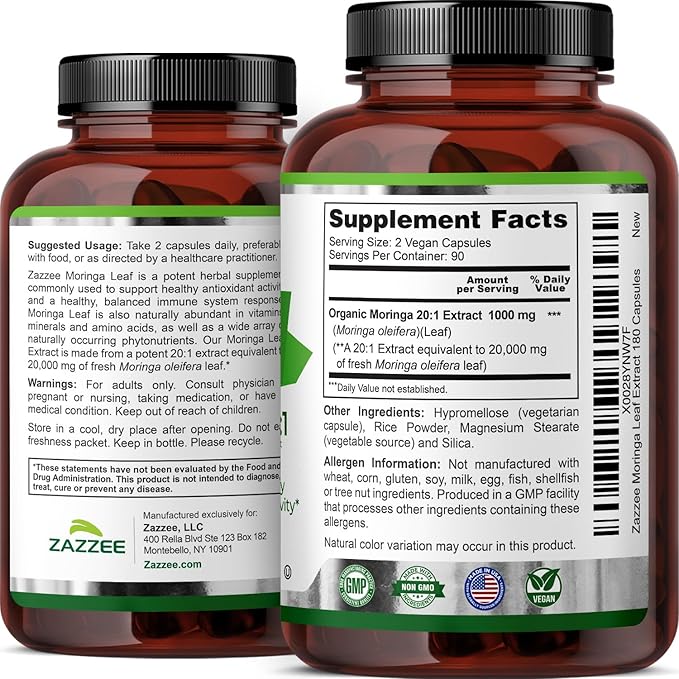 Zazzee USDA Organic Moringa Leaf 20:1 Extract 180 Vegan Capsules 3 Month Supply Certified Kosher Moringa Oleifera Antioxidant Immune &amp Cellular Support Superfood Supplement Made in the USA