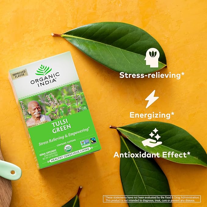 Organic India Tulsi Green Tea Bags - Holy Basil Tea African Basil Stress Relieving Immune Support USDA Certified Organic Premium Darjeeling Green Tea Caffeinated - 18 Infusion Bags 6 Pack