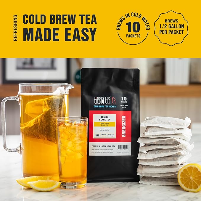 Tiesta Tea - Lemon Black Cold Brew Loose Leaf Lemon Citrus Black Tea Premium High Caffeinated Blend Cold Brew Packets Makes 64 oz of Pitcher Per Bag (Pack of 10)