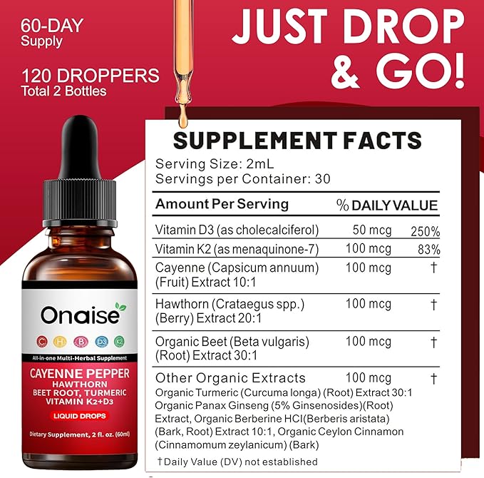 Cayenne Pepper Drops2 Pack Cayenne Supplement with Hawthorn Berry Vitamin D3 K2 Beet Root Powder Ceylon Cinnamon Turmeric Curcumin Organic Panax Ginseng Berberine Extract