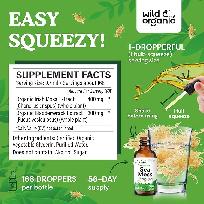 Wild &amp Organic Sea Moss Drops - Overall Support with Irish Seamoss and Bladderwrack - Multimineral Chondrus Crispus Tincture - Vegan Sugar &amp Alcohol-Free Liquid Supplement - 4 fl oz