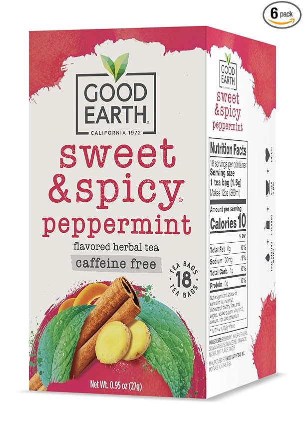 Good Earth Tea Sweet &amp Spicy Caffeine Free Peppermint Herbal Tea 18 Teabags (Pack of 6)