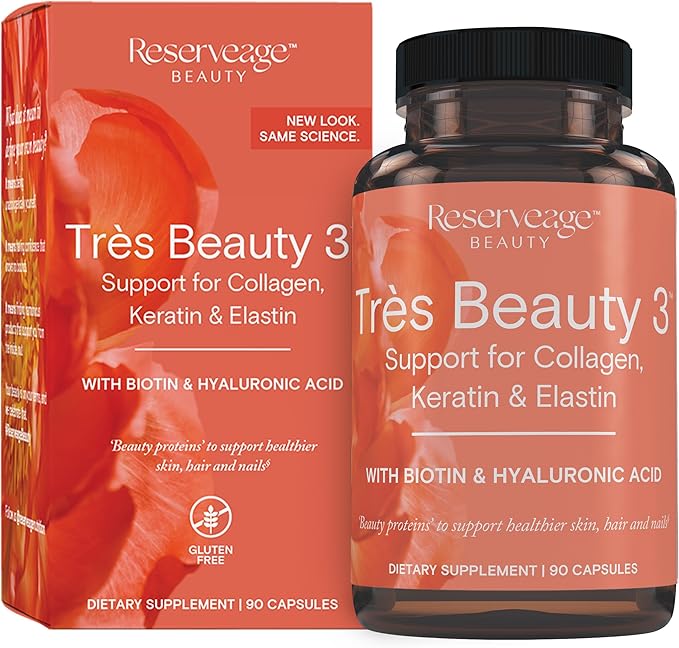 Reserveage Beauty - Tres Beauty 3 - Supplement for Hair Growth Skin Care &amp Nail Care - Collagen Supplement with Keratin &amp Biotin - Gluten Free - 90 Capsules (30 Servings)