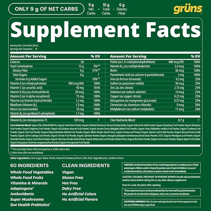 Gruns Adults Super Greens Gummies Multivitamin Superfood Gummy Bears Spirulina Chlorella Prebiotics &amp Fiber Gummies for Digestive Health Adaptogens Supplement 20 Vitamins &amp Minerals 10
