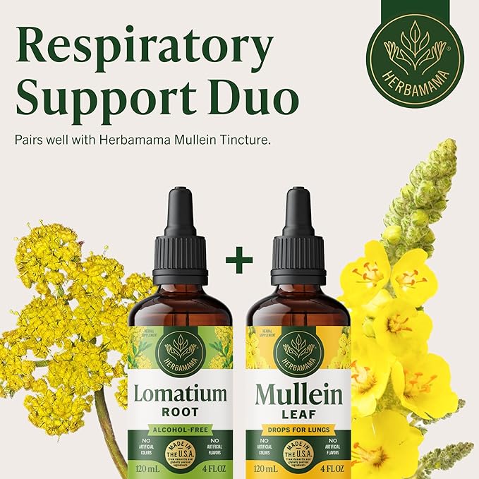 HERBAMAMA Lomatium Root Tincture - Vegan Lomatium Dissectum Extract for Lung Cleanse &amp Detox - Non-GMO Alcohol &amp Sugar-Free Respiratory Lung Support Supplement 56-Day Supply