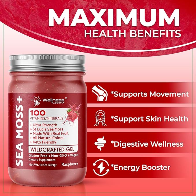 WELLNESS LABSRX Irish Sea Moss Gel Raw - Wildcrafted Superfood Seamoss Gel - Raspberry Flavor Vitamin and Mineral-Rich from Pristine Caribbean Waters Immune and Digestive Health Support - 10 oz.