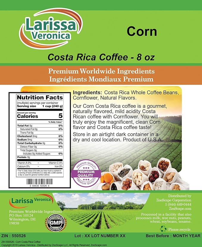 Corn Costa Rica Coffee (Gourmet Naturally Flavored Whole Coffee Beans) (8 oz ZIN: 550526)