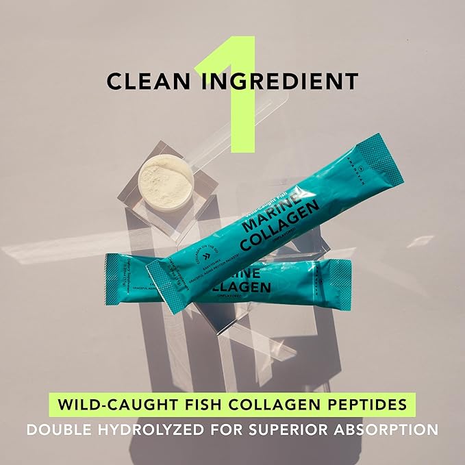 AMANDEAN Marine Collagen Peptides Powder Stick Packs. Wild-Caught Fish. 30 Single Use Individual Packets. Hair Skin &amp Nails. Non-GMO Zero Carbs Unflavored High Bioavailability.