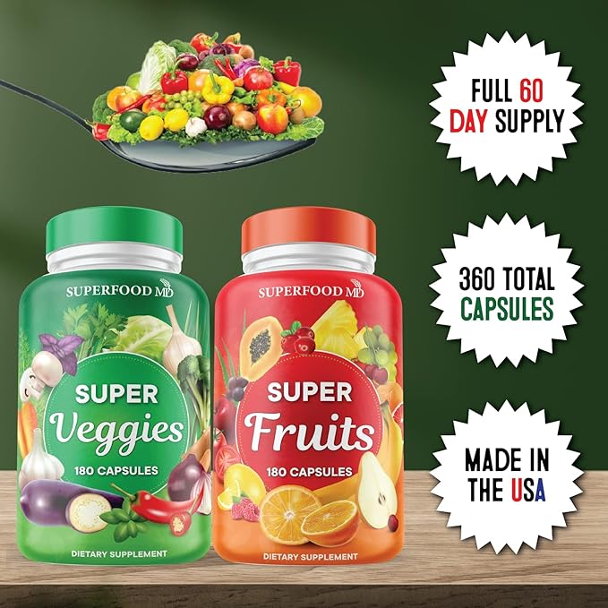 Superfood Fruit and Veggie Supplement - 360 Whole Super Fruit and Vegetable Supplements &amp Vitamin with Beta-Carotene Soy Free- 180 Count (Pack of 2)