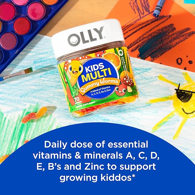 OLLY Kids Sleep Gummy Melatonin L Theanine Chamomile 60 Count and Kids Multivitamin Gummy Worms Vitamins A C D E Bs Zinc 70 Count