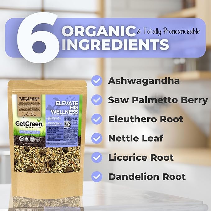 Healthy Hormone Balance Loose Leaf Tea For Him w/ Ashwagandha Saw Palmetto Berry | Organic Herbal Tea | 2 oz (57 gram) | Decaf Vegan Healthy No Caffeine Organic Herbs No Natural or Artificial F