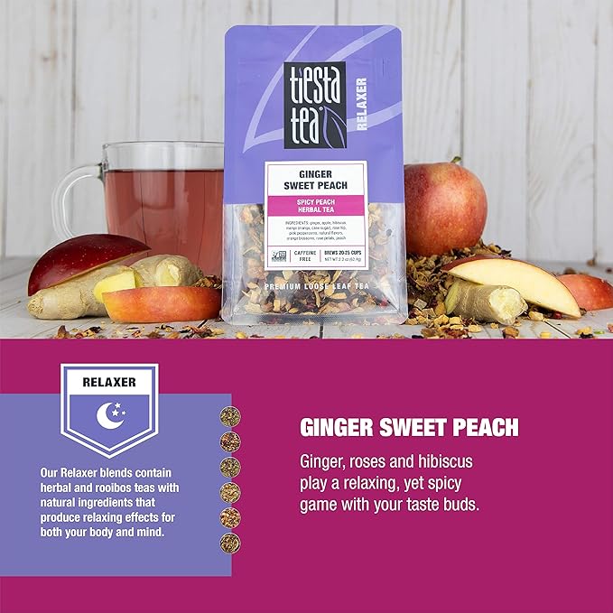 Tiesta Tea - Ginger Sweet Peach Loose Leaf Spicy Peach Herbal Tea Non-Caffeinated Hot &amp Iced Tea 2.2 oz Pouch - 25 Cups Natural Flavored Stress Relief Herbal Tea Loose Leaf Blend (Pack of 3
