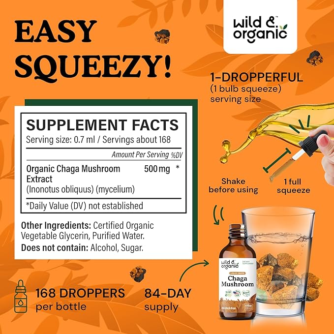 Wild &amp Organic Chaga Mushroom Drops - Immune Support with Chaga Extract - Liquid Mushroom Supplement for Immunity - Vegan Sugar &amp Alcohol-Free Tincture - 4 fl oz