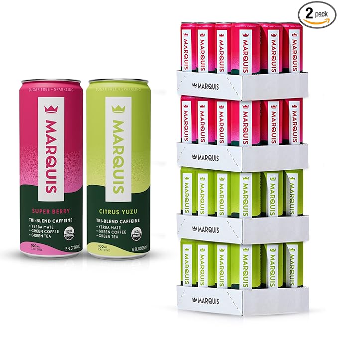 Marquis | Organic Energy Drink Alternative with Organic Plant Based Caffeine | Vegan Zero Calorie Sugar Free Sparkling Yerba Mate | Keto Energy Drinks Alternative | Citrus Yuzu x2+ Super Berry x2
