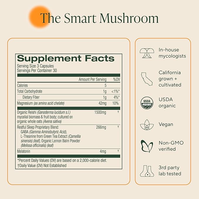 OM MUSHROOM SUPERFOOD Sleep Mushroom Capsules Superfood Supplement 90 Count 30 Days Reishi GABA L-Theanine Melatonin for Rest &amp Sleep Quality Superfood Supplement