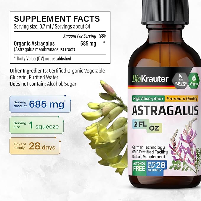 BIO KRAUTER® Astragalus for Immune Support - Vegan Astragalus Root Herbal Supplements 685 mg for Daily Wellness - Liquid Extract 2 Fl.Oz. 28 Days of Supply Alcohol &amp Sugar Free