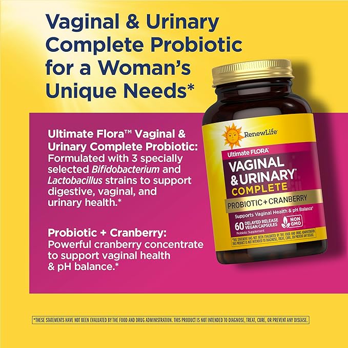 Renew Life Women's Wellness Vaginal and Urinary Probiotic and Cranberry Supplement Probiotic Supplement for pH Balance for Women Digestive Health Dairy Soy and Gluten-Free 3.5 Billion CFU 60 Ct