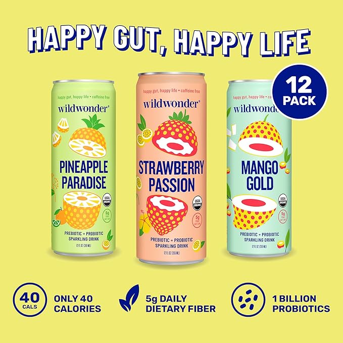 wildwonder Sparkling Probiotic Drink 12pk For Gut Health &amp Immune Support Tropical Vibes Variety 5g Prebiotic Fiber Live Probiotics Organic Vegan Low Sugar 12Pack 12oz Can Seen on Shark