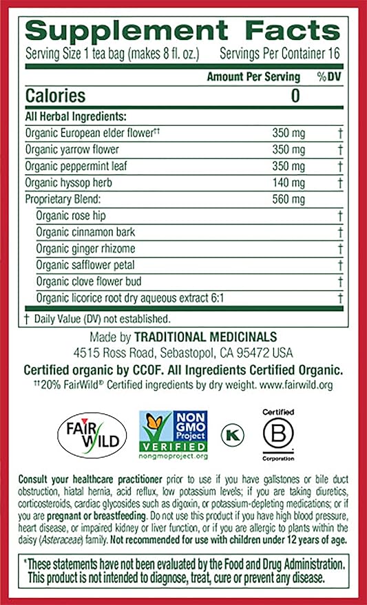 Traditional Medicinals Organic Herbal Cold Care Elderflower Spice Herbal Tea Warm &amp Comforting Seasonal Wellness 48 Tea Bags Total (Pack of 3)