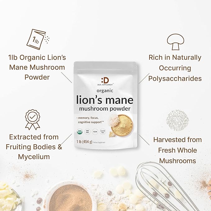 DEAL SUPPLEMENT Organic Lions Mane Mushroom Powder Supplement 1500mg Per Serving 1lb – Active Fruiting Body &amp Mycelium Extract – Natural Brain Nootropic &amp Immune System Booster – Non-GMO
