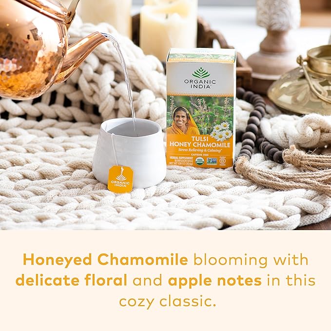 Organic India Tulsi Honey Chamomile Herbal Tea - Holy Basil Stress Relieving &amp Calming Immune Support Adaptogen Vegan USDA Certified Organic Caffeine-Free - 18 Infusion Bags 6 Pack