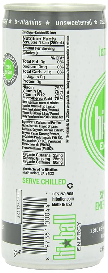 Hiball Energy Sparkling Water Lemon Lime 8.4 Ounce (Pack of 24)