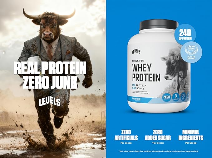 Levels Grass Fed Whey Protein Powder No Artificials 25G of Protein Unflavored 5LB