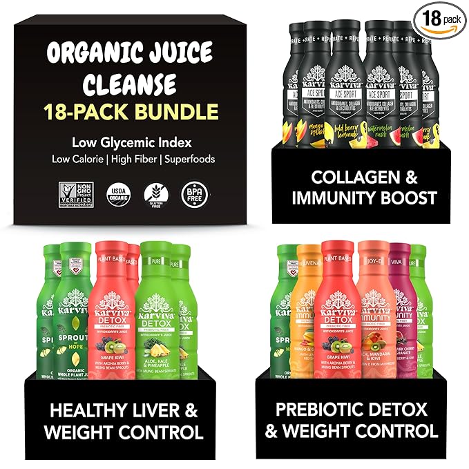Organic Juice Cleanse Detox Reset Bundle – Anicent Metabolism Booster &amp Weight Control Sprout Juices with Marine Collagen Skin Glow&ampImmunity Boost | Non-GMO BPA-Free 18 bottles