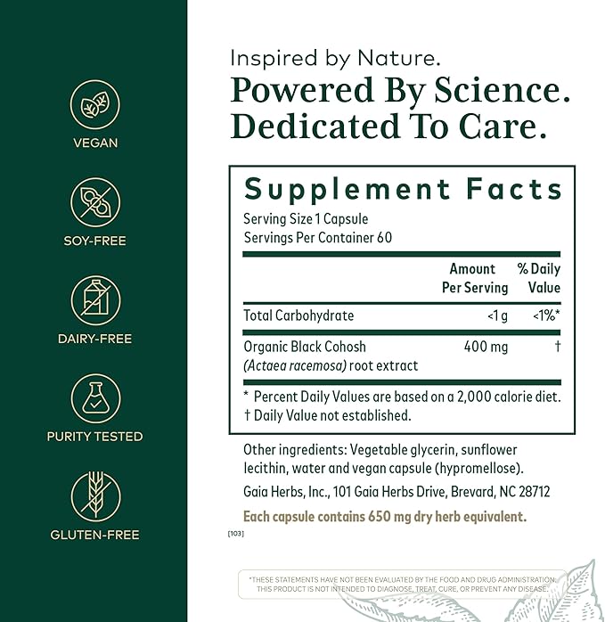 GAIA HERBS PRO Black Cohosh PRO - Healthy Perimenopause &amp Post Menopause Support Supplement* - Women's Health Supplement with Black Cohosh Root Extract - Vegan - 60 Liquid Phyto-Caps (60 Servings)