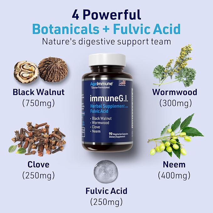 AgeImmune ImmuneG.I. Wormwood Black Walnut Clove Neem Fulvic Acid- Intestinal Cleanse Formula Doctor Formulated to Support Gut Health and Detox - No Stearates No Dioxides – 90 Capsules