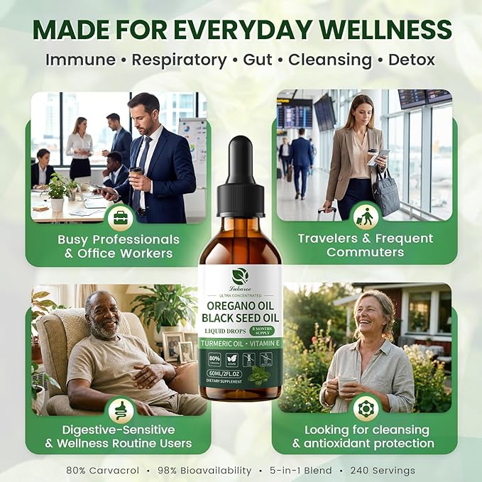 Oil of Oregano Drops with Black Seed Oil Turmeric Oil Vitamin E &amp Olive Oil Based Immune Digestive Cleanse &amp Detox* 80% Carvacrol Cold-Pressed Natural Aceite de Oregano 2 Fl Oz 8 Month S