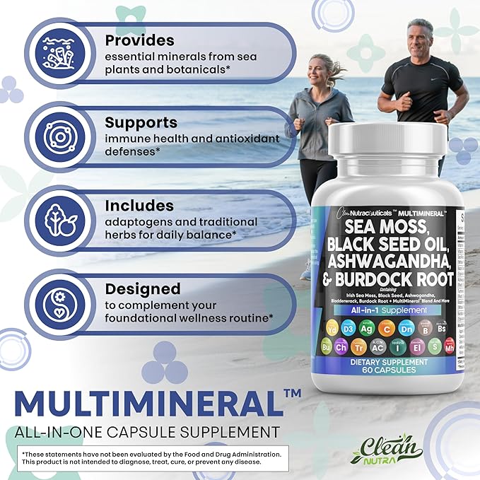 Clean Nutraceuticals Sea Moss Black Seed Oil Ashwagandha Turmeric Bladderwrack Burdock &amp Vitamin C Vitamin D3 with Elderberry Manuka Dandelion Yellow Dock Iodine Chlorophyll ACV - 2Pack