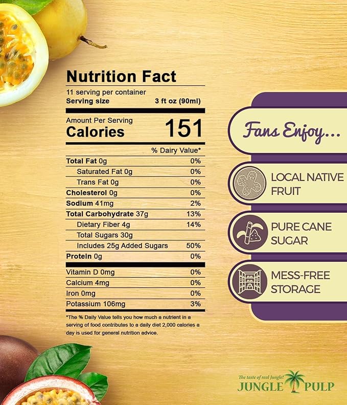 Jungle Pulp Passion Fruit Puree Costa Rica Blend Topping Flavoring Better Than Syrup For Cocktails Pastries Smoothies and Cooking 33.8oz/1 Liter.