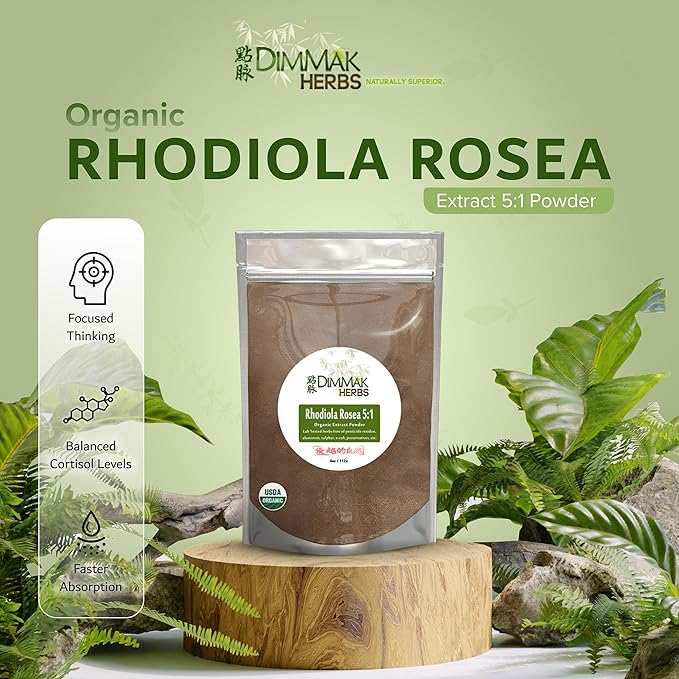 Dimmak Herbs Organic Rhodiola Rosea Extract 5:1 Powder (High Potency Adaptogen)- TCM Doctor Formulated 100% Golden Root for Energy Focus &amp Cortisol Support- Non-GMO Extra Strength Concentrate (4