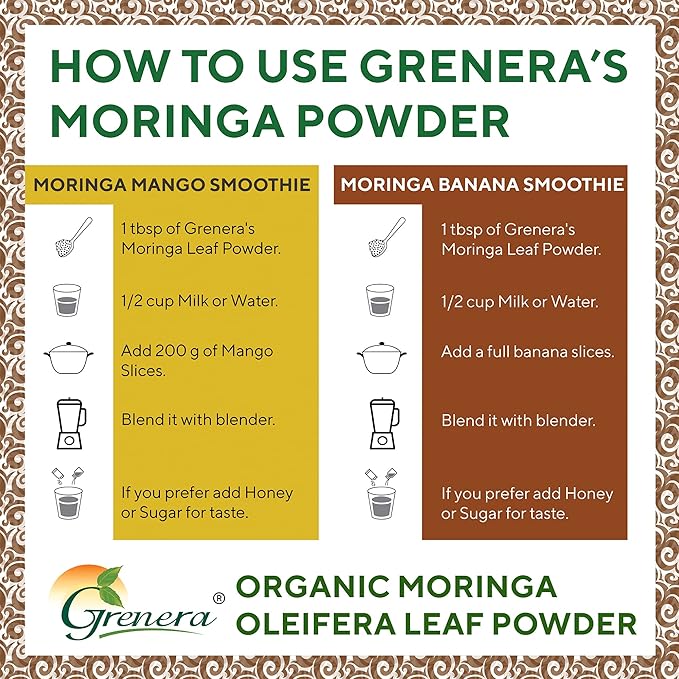 Grenera Organic Moringa Powder - 2.2 lbs (35.2 oz) | Moringa Oleifera Leaf Powder Lab Tested for Purity | Moringa Powder Organic Perfect for Smoothies Drinks Tea &amp Recipes | 100% Raw from India